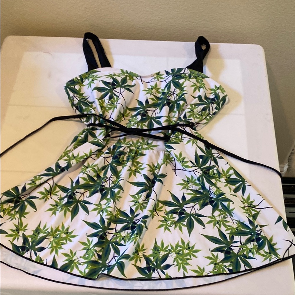 Leaf Print Tankini with Black Straps and black bikini style bottoms